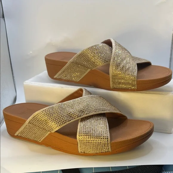 Fitflop Gold Rhinestones Crisscross Sandals-Size 9-Comfy-Slip on-Casual - Picture 5 of 16